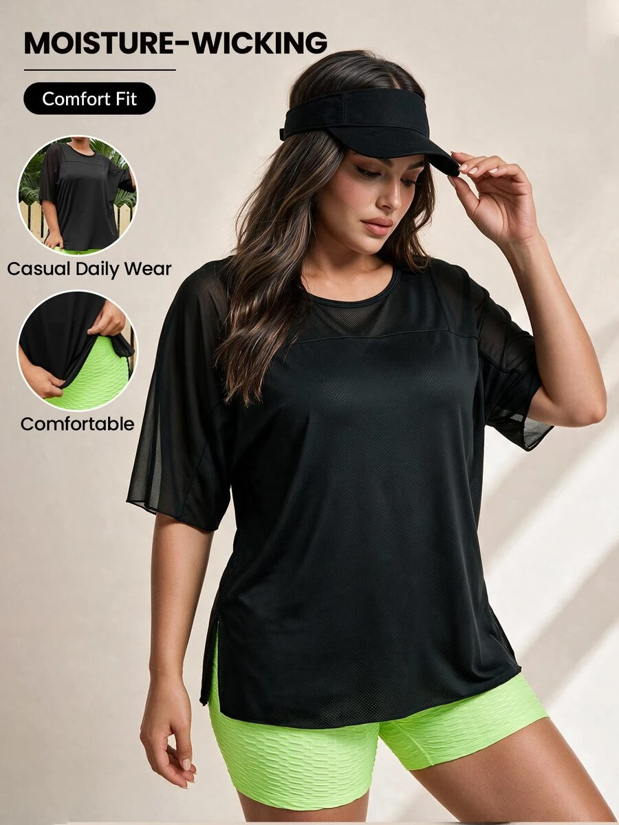 SHEIN Rhythm Era Plus High Stretch Batwing Sleeve Contrast Mesh Sports Tee - Black - View 1