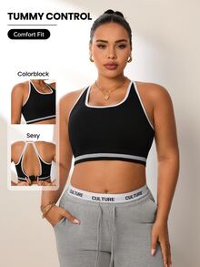 SHEIN Rhythm Era Plus Size Women's Back Closure Sports Bra - Black and White - View 1