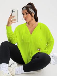 Rhythm Era Chaqueta deportiva con capucha con cordón, cremallera y malla transpirable en color verde neón para mujer talla grande - Verde - Ver 6