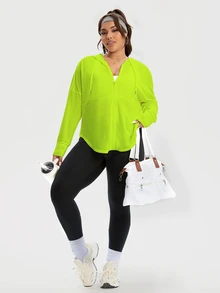 Rhythm Era Chaqueta deportiva con capucha con cordón, cremallera y malla transpirable en color verde neón para mujer talla grande - Verde - Ver 9