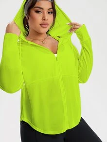 Rhythm Era Chaqueta deportiva con capucha con cordón, cremallera y malla transpirable en color verde neón para mujer talla grande - Verde - Ver 8