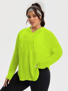 Rhythm Era Chaqueta deportiva con capucha con cordón, cremallera y malla transpirable en color verde neón para mujer talla grande - Verde - Ver 7
