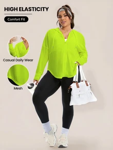 Rhythm Era Chaqueta deportiva con capucha con cordón, cremallera y malla transpirable en color verde neón para mujer talla grande - Verde - Ver 2