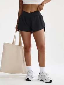 Rhythm Era Plus Size Women's Criss-Cross Waist 2 In 1 Sports Shorts For Yoga, Outdoor, Gym - Black - View 8