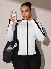 SHEIN Rhythm Era جاكيت رياضي قصير بسحاب وياقة واقفة بتصميم كتل لونية أسود وأبيض - متعدد الألوان - مشاهدة 8