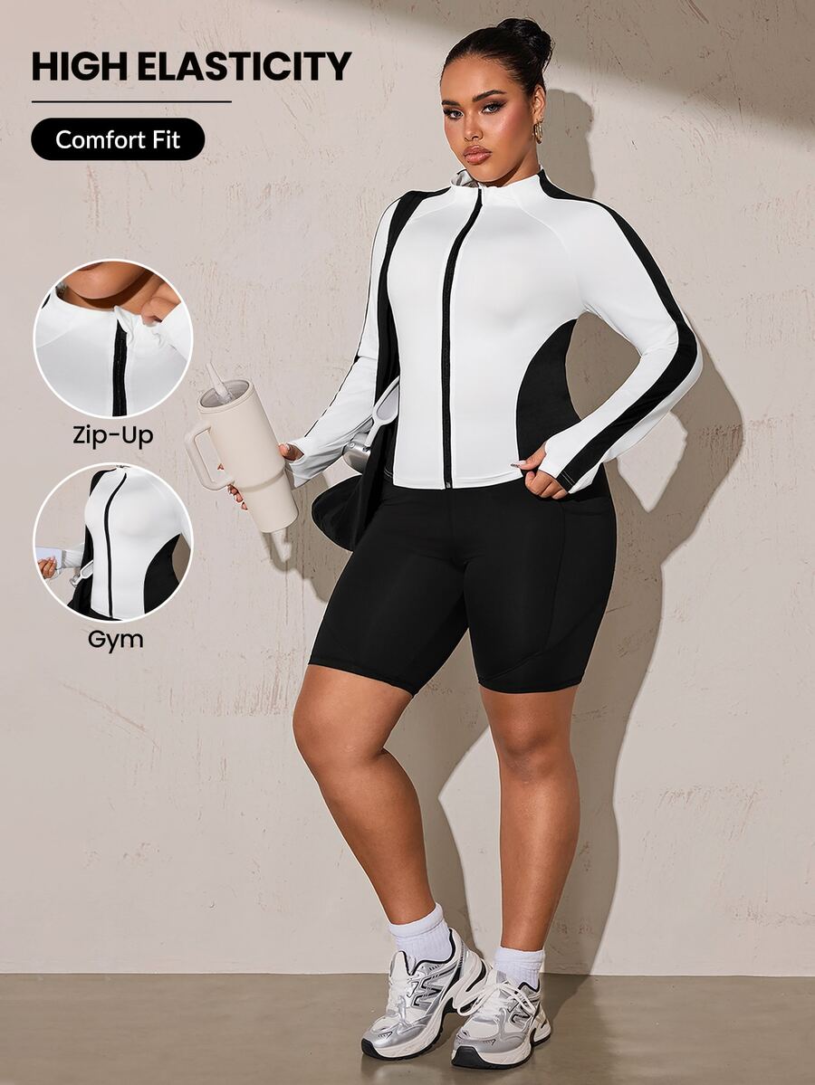SHEIN Rhythm Era جاكيت رياضي قصير بسحاب وياقة واقفة بتصميم كتل لونية أسود وأبيض - متعدد الألوان - مشاهدة 1