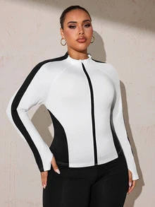 SHEIN Rhythm Era جاكيت رياضي قصير بسحاب وياقة واقفة بتصميم كتل لونية أسود وأبيض - متعدد الألوان - مشاهدة 6