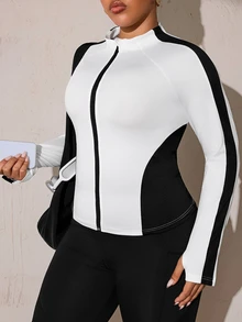 SHEIN Rhythm Era جاكيت رياضي قصير بسحاب وياقة واقفة بتصميم كتل لونية أسود وأبيض - متعدد الألوان - مشاهدة 4
