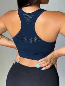 SHEIN Rhythm Era Plus Size Seamless Hollow See-Through Backless Sports Bra For Women Seamless Workout Top - Navy Blue - View 7