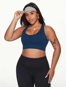 SHEIN Rhythm Era Plus Size Seamless Hollow See-Through Backless Sports Bra For Women Seamless Workout Top - Navy Blue - View 5