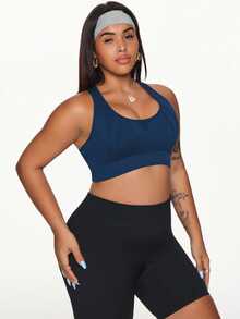 SHEIN Rhythm Era Plus Size Seamless Hollow See-Through Backless Sports Bra For Women Seamless Workout Top - Navy Blue - View 6