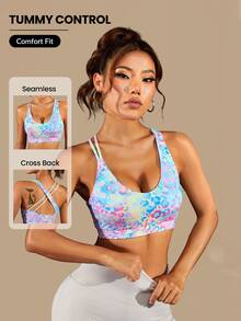 SHEIN Rhythm Era 大码女式不对称交叉后背渐变豹纹运动文胸，适合户外运动 - 彩色 - 查看 7