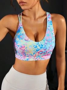 SHEIN Rhythm Era 大码女式不对称交叉后背渐变豹纹运动文胸，适合户外运动 - 彩色 - 查看 3