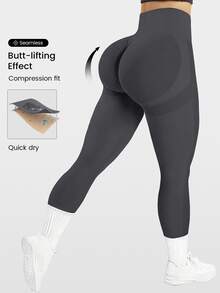 SHEIN Rhythm Era Plus Size Women's Solid Color High Waist Ruched Hip Leggings - Grey - View 7