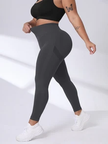 SHEIN Rhythm Era Plus Size Women's Solid Color High Waist Ruched Hip Leggings - Grey - View 3