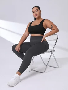 SHEIN Rhythm Era Plus Size Women's Solid Color High Waist Ruched Hip Leggings - Grey - View 5