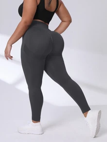 SHEIN Rhythm Era Plus Size Women's Solid Color High Waist Ruched Hip Leggings - Grey - View 6