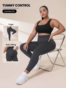 SHEIN Rhythm Era Plus Size Women's Solid Color High Waist Ruched Hip Leggings - Grey - View 1