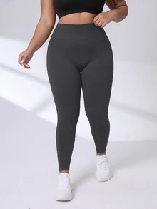SHEIN Rhythm Era Plus Size Women's Solid Color High Waist Ruched Hip Leggings - Grey - View 2