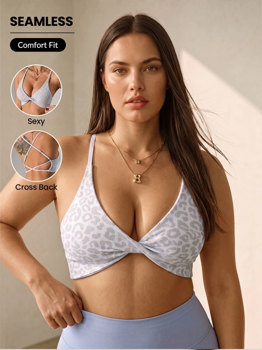 SHEIN Rhythm Era Seamless Sports Yoga Plus Size Double Layer Bra Leopard Print Texture Minimalist Criss-Cross Back Straps Gym White Summer Athletic - Multicolor - View 1