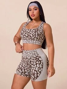 SHEIN Rhythm Era 大尺碼豹紋短版背心短褲運動套裝 運動健身 米色 夏季 - 咖啡棕 - 查看 6
