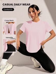 SHEIN Rhythm Era Plus Size Women's Solid Color Backless Short Sleeve Sports T-Shirt - Baby Pink - View 3