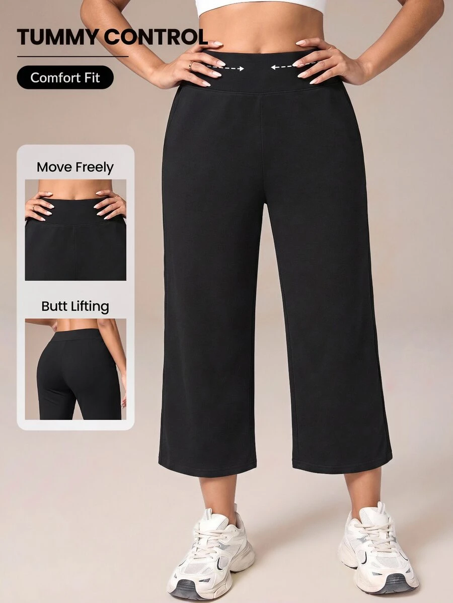 SHEIN Rhythm Era Women's Plus Size Solid Color Straight Leg Loose Fit Cropped Sports Pants - Black - View 1