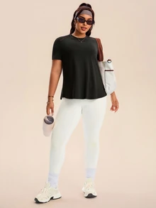 Rhythm Era Plus Size Women Sports Yoga Basic Mesh Patchwork Racerback Short Sleeve T-Shirt Open Back Shirt  Black Tops For Women - Black - View 6