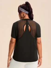 Rhythm Era Plus Size Women Sports Yoga Basic Mesh Patchwork Racerback Short Sleeve T-Shirt Open Back Shirt  Black Tops For Women - Black - View 4