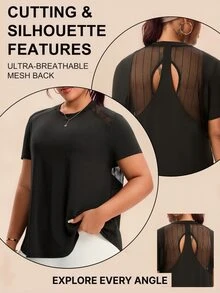 Rhythm Era Plus Size Women Sports Yoga Basic Mesh Patchwork Racerback Short Sleeve T-Shirt Open Back Shirt  Black Tops For Women - Black - View 3