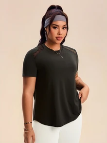 Rhythm Era Plus Size Women Sports Yoga Basic Mesh Patchwork Racerback Short Sleeve T-Shirt Open Back Shirt  Black Tops For Women - Black - View 5