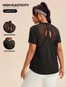 Rhythm Era Plus Size Women Sports Yoga Basic Mesh Patchwork Racerback Short Sleeve T-Shirt Open Back Shirt  Black Tops For Women - Black - View 1