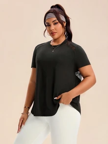 Rhythm Era Plus Size Women Sports Yoga Basic Mesh Patchwork Racerback Short Sleeve T-Shirt Open Back Shirt  Black Tops For Women - Black - View 2