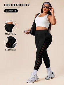 SHEIN Rhythm Era 大尺碼女款網格拼接高腰運動內搭褲 - 黑色 - 查看 1