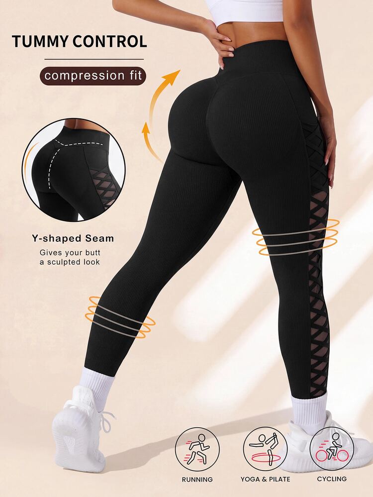 SHEIN Rhythm Era Plus Size Women Mesh Patchwork High Waist Sports Leggings Gym Sports Black Summer - Black - View 2