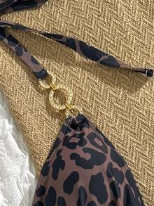 Swim Mod Plus Size Women Leopard Print Halter Triangle Cup Bikini, Round Ring Chain Decor Bottom With Double Side Drawstring, Sexy Two Pieces Set - Multicolor - View 4