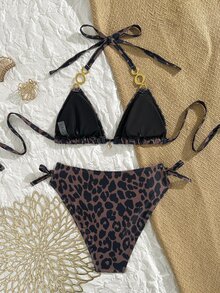Swim Mod Plus Size Women Leopard Print Halter Triangle Cup Bikini, Round Ring Chain Decor Bottom With Double Side Drawstring, Sexy Two Pieces Set - Multicolor - View 3
