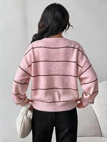 SHEIN 青少年女孩寬鬆休閒極簡舒適條紋套頭毛衣，百搭厚實保暖針織衫，適合秋冬 - 粉色 - 查看 2