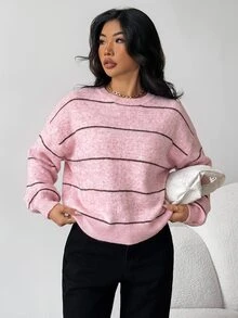 SHEIN 青少年女孩寬鬆休閒極簡舒適條紋套頭毛衣，百搭厚實保暖針織衫，適合秋冬 - 粉色 - 查看 7