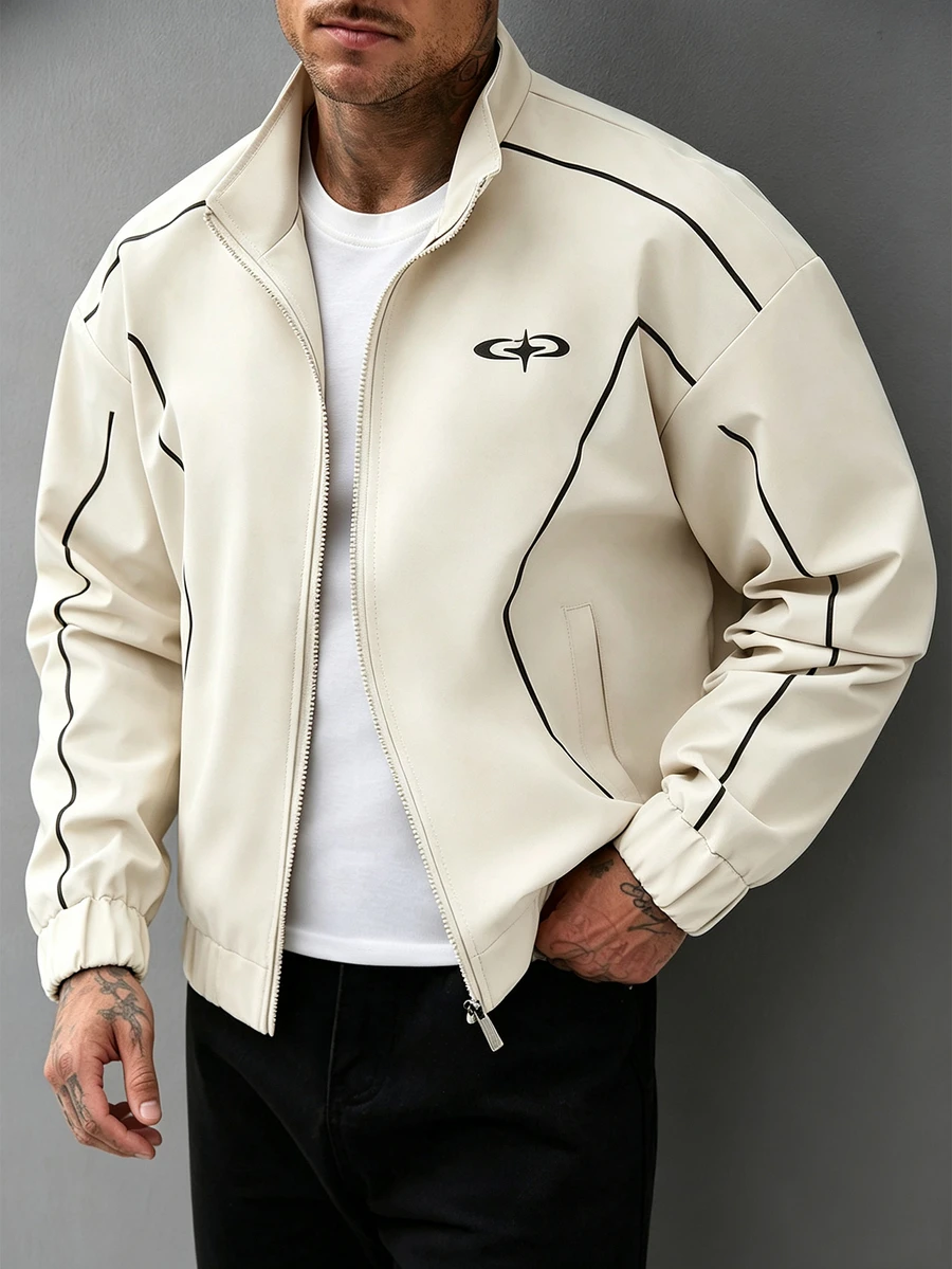 SLATEMANN Jaket Kasual Modis dengan Desain Garis Samping, Nyaman dan Lembut, Desain Kerah Tegak - Krem - View 1