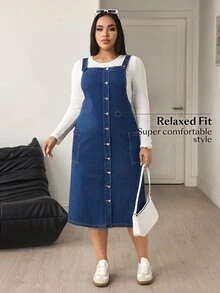Flexra Gaun Denim Wanita Ukuran Besar, Longgar, Nyaman, Kasual untuk Perjalanan Sehari-hari - Medium Wash - View 4