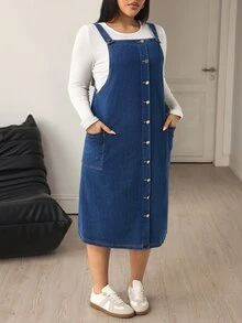 Flexra Gaun Denim Wanita Ukuran Besar, Longgar, Nyaman, Kasual untuk Perjalanan Sehari-hari - Medium Wash - View 7