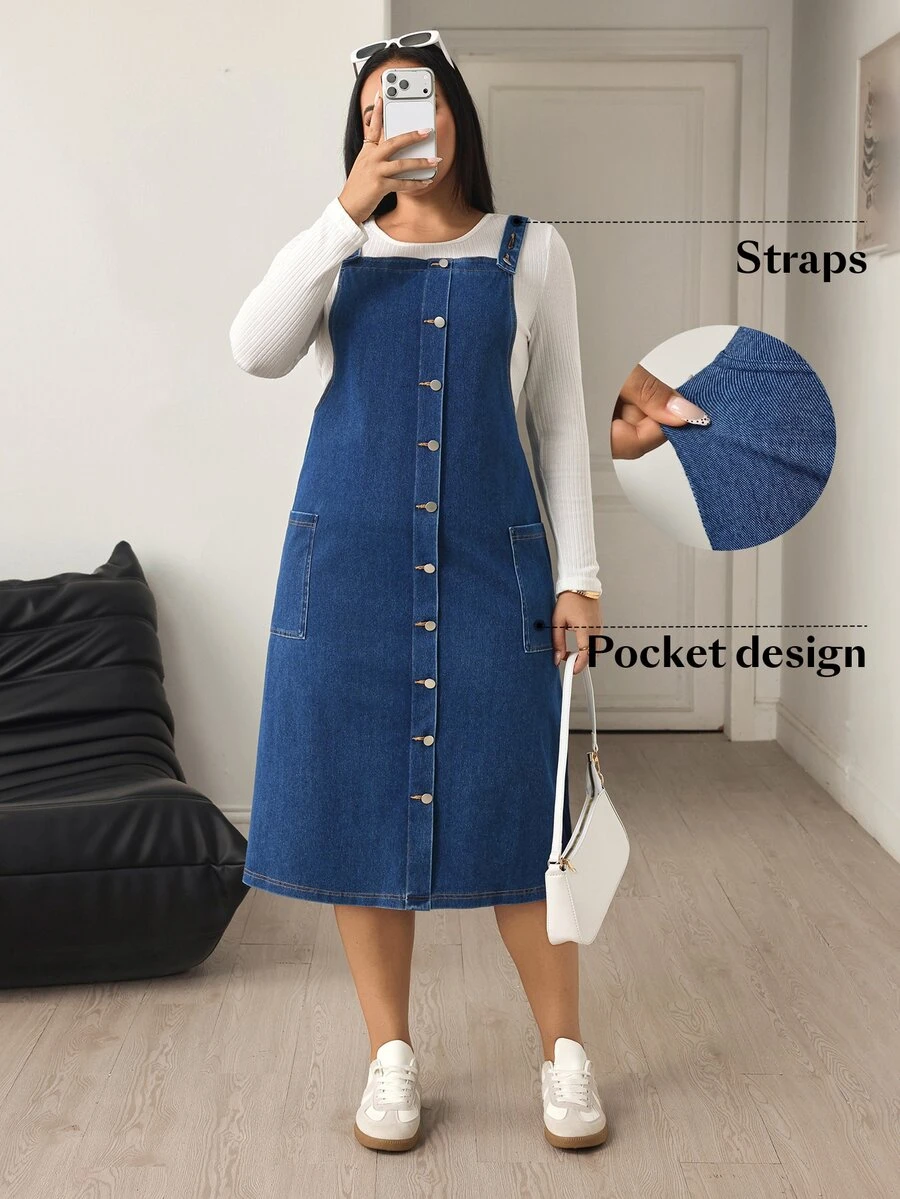 Flexra Gaun Denim Wanita Ukuran Besar, Longgar, Nyaman, Kasual untuk Perjalanan Sehari-hari - Medium Wash - View 1