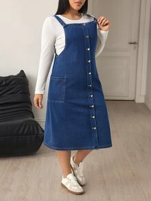 Flexra Gaun Denim Wanita Ukuran Besar, Longgar, Nyaman, Kasual untuk Perjalanan Sehari-hari - Medium Wash - View 5