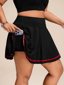 SHEIN Rhythm Era تنورة قصيرة كاجوال متعددة الاستخدامات باللون الأزرق الداكن بخصر عالي وحواف متباينة ومقاومة للانزلاق بتصميم مطوي - أزرق بحري - مشاهدة 4