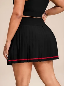 SHEIN Rhythm Era تنورة قصيرة كاجوال متعددة الاستخدامات باللون الأزرق الداكن بخصر عالي وحواف متباينة ومقاومة للانزلاق بتصميم مطوي - أزرق بحري - مشاهدة 2