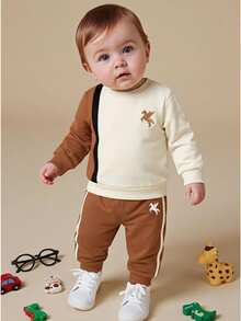 2pcs/Set Infant Baby Boy Striped Long Sleeve Top Graphic Solid Pants Family Matching Outfit - Brown - View 1