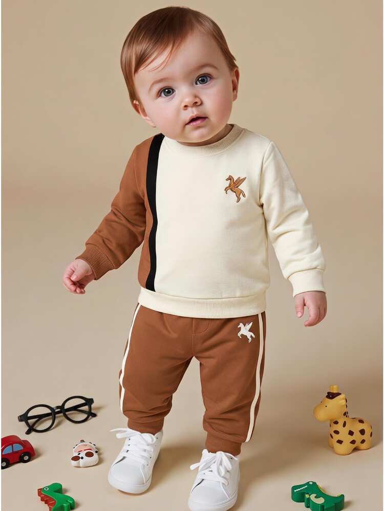 2pcs Baby Boy Preppy Brown Cream Color Block Long Sleeve Round Neck Sweatshirt & Pants Regular Party Fall Christmas Holiday - Brown - View 1