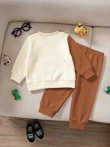 2pcs/Set Infant Baby Boy Striped Long Sleeve Top Graphic Solid Pants Family Matching Outfit - Brown - View 2