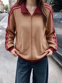 Comfortcana Autumn 2026 Casual Y2K Halloween Festival School Going Out Everyday Vintage Style Contrast Brown Side Jacket - Khaki - View 4